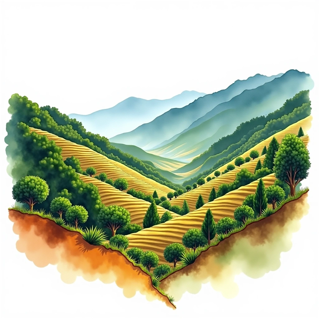 Cajamarca, Peru coffee growing region — watercolor illustration