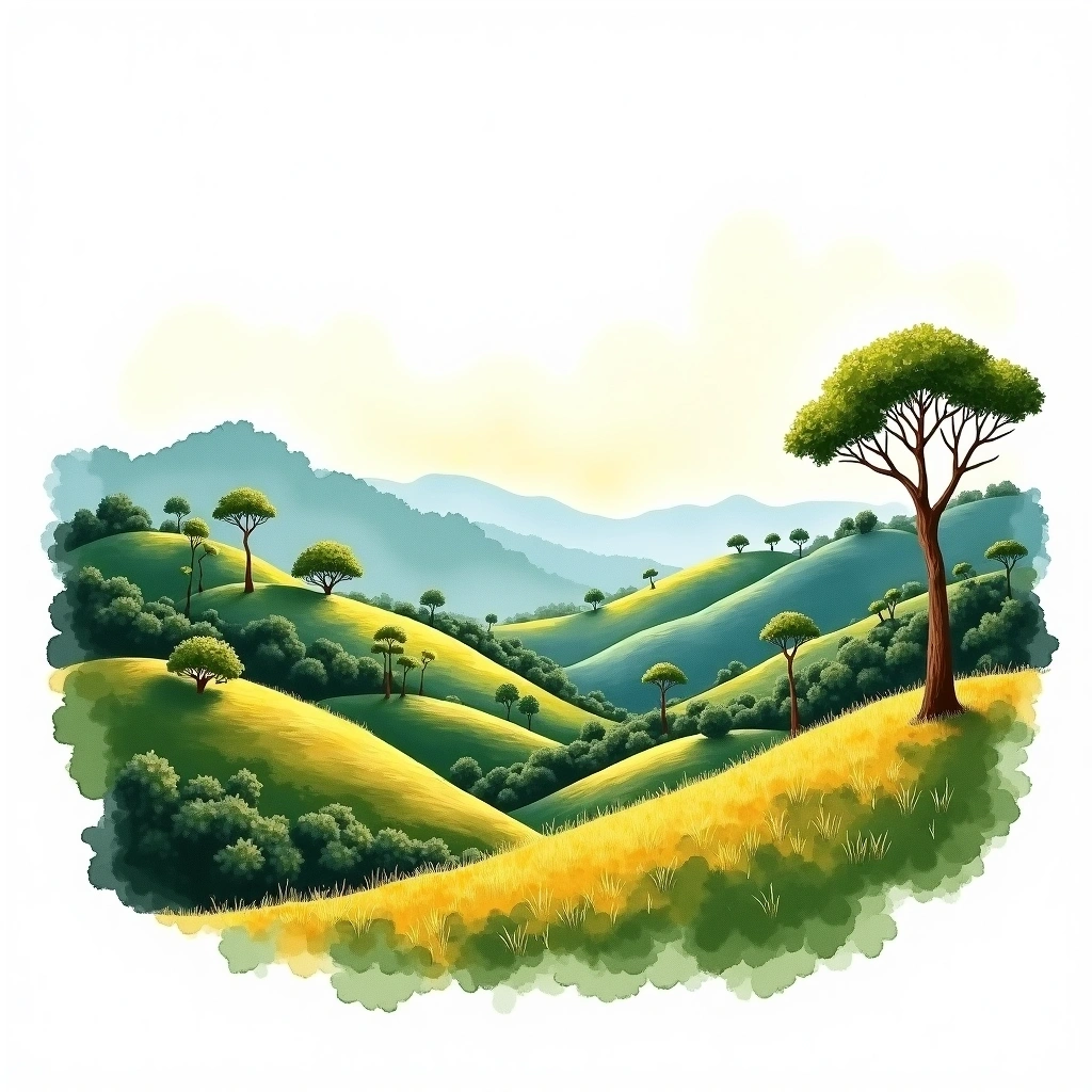Central Highlands (Dak Lak), Vietnam coffee growing region — watercolor illustration