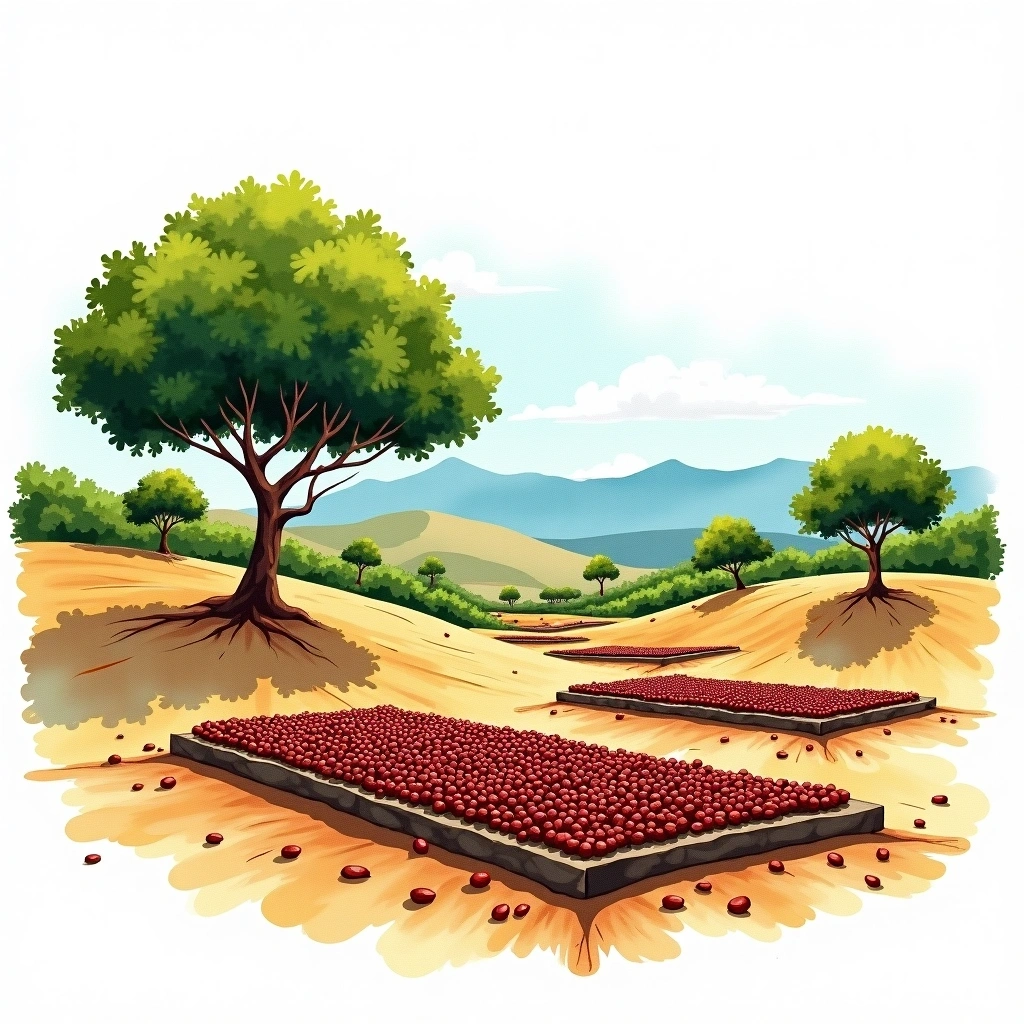 Harrar, Ethiopia coffee growing region — watercolor illustration