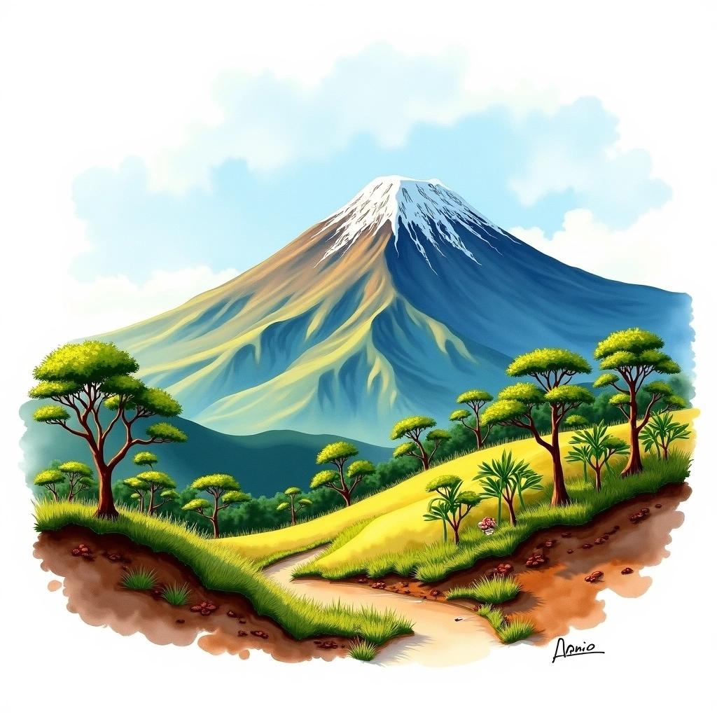 Kilimanjaro, Tanzania coffee growing region — watercolor illustration