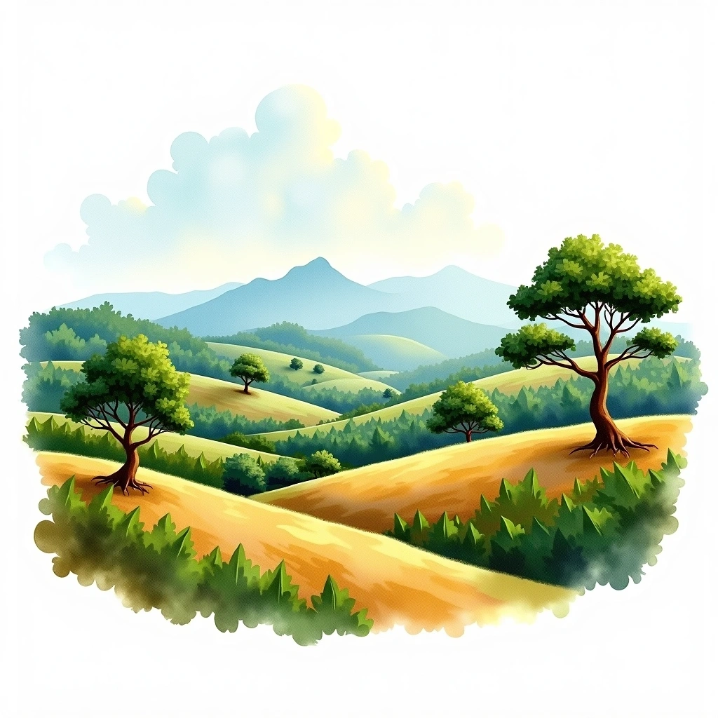 Nyamasheke, Rwanda coffee growing region — watercolor illustration