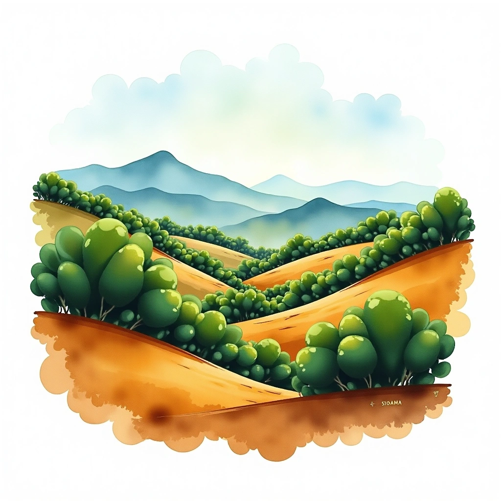 Sidama, Ethiopia coffee growing region — watercolor illustration