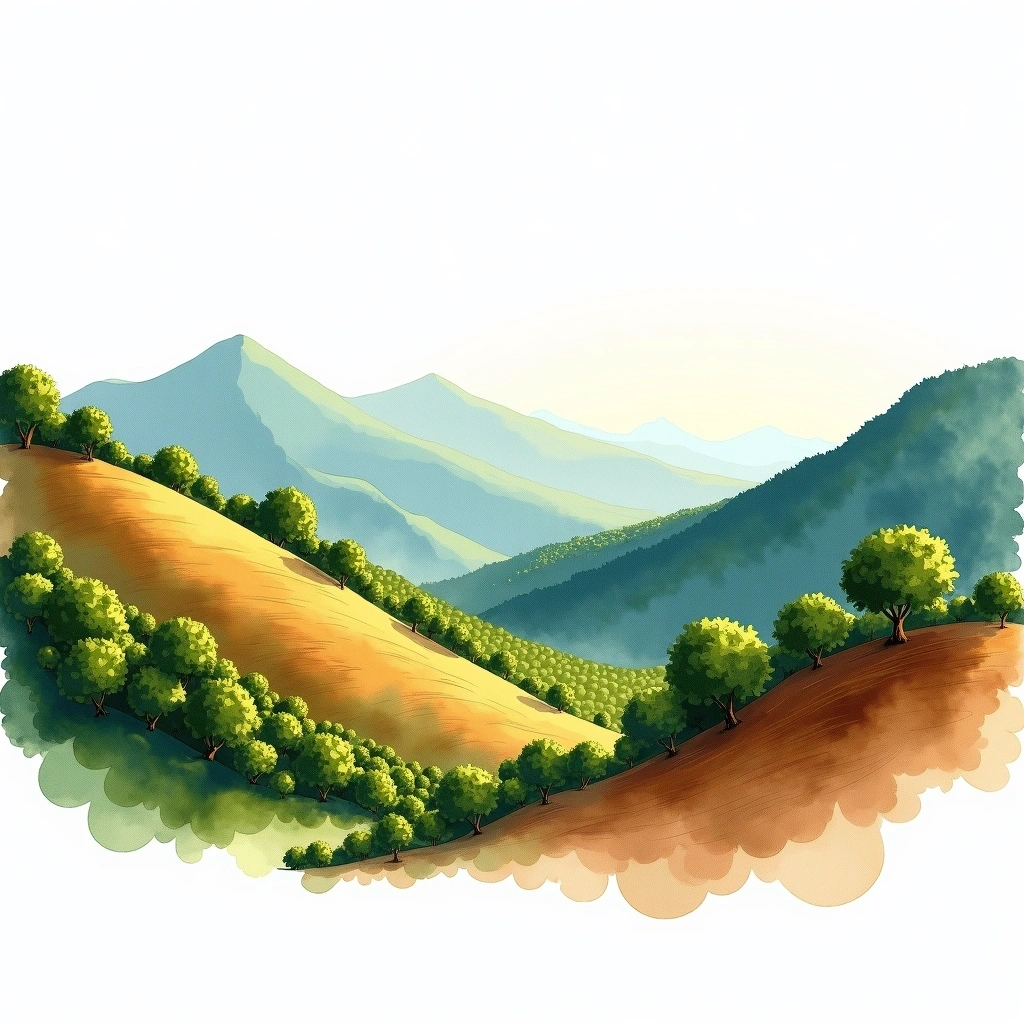 Sierra Nevada de Santa Marta, Colombia coffee growing region — watercolor illustration