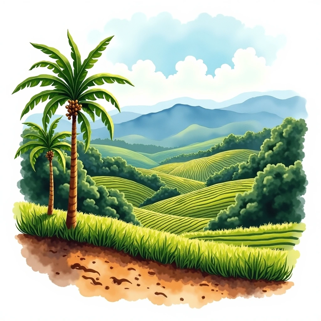 Tarrazú, Costa Rica coffee growing region — watercolor illustration