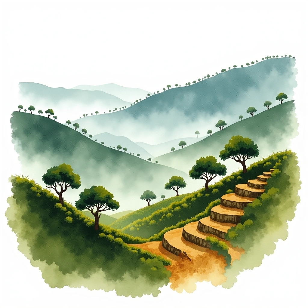 Yirgacheffe, Ethiopia coffee growing region — watercolor illustration